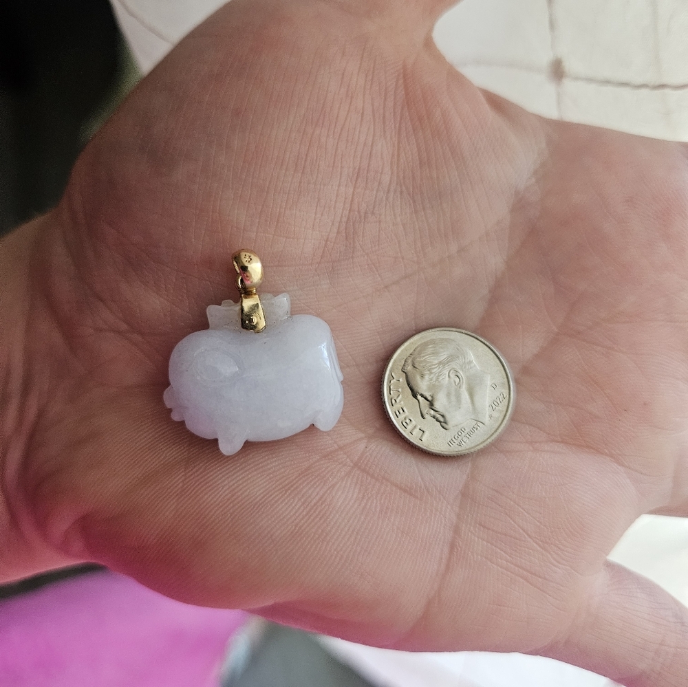 Genuine Lavender Jade 14K Yellow Gold Pig Pendant